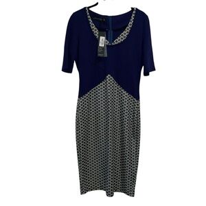 Homeyee Women’s Dress - Size 8 - Elegant Navy & Geometric Print Midi Dress